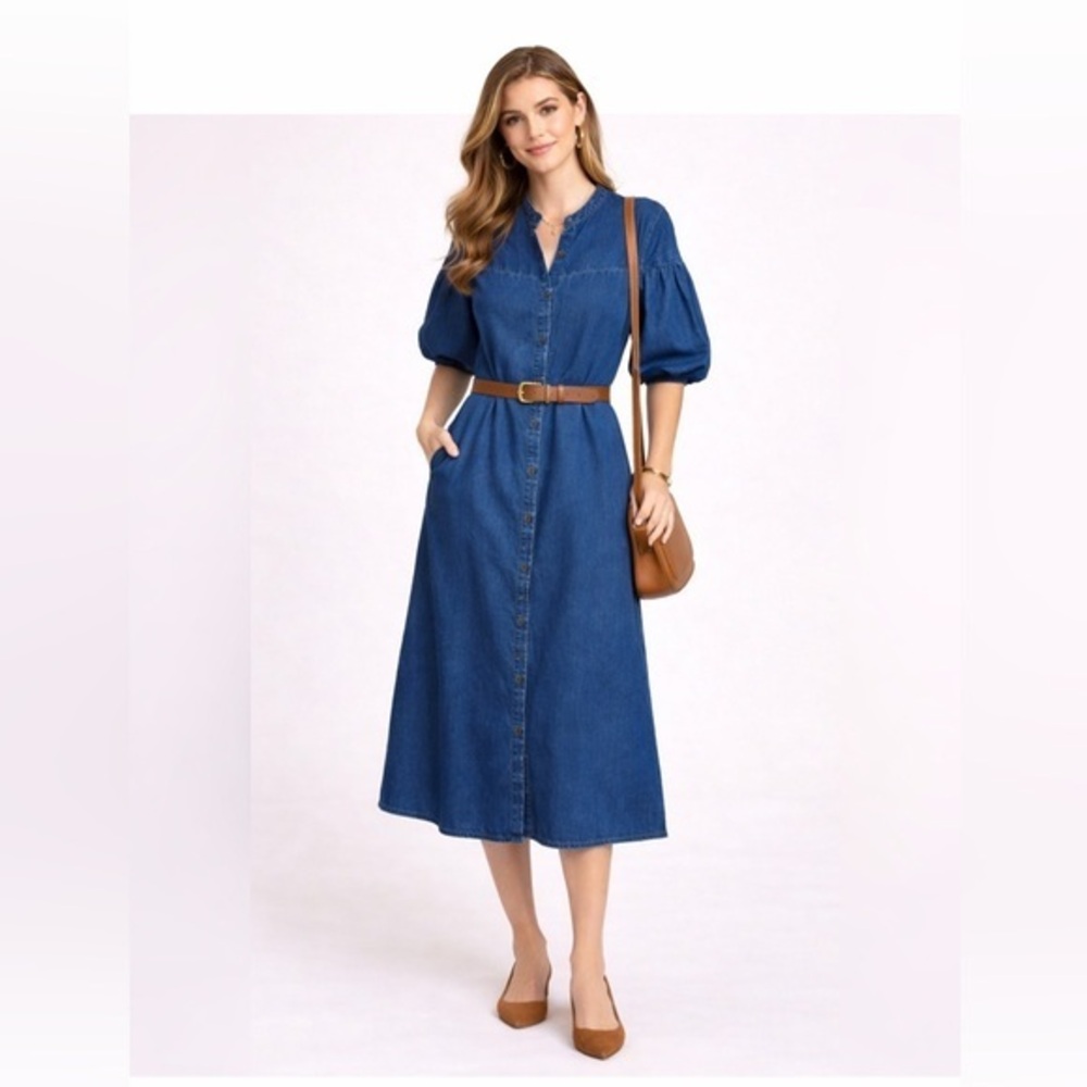 FRIFUL Puff Sleeve Button Down Denim Cottagecore Lagenlook Dress Oversized M
